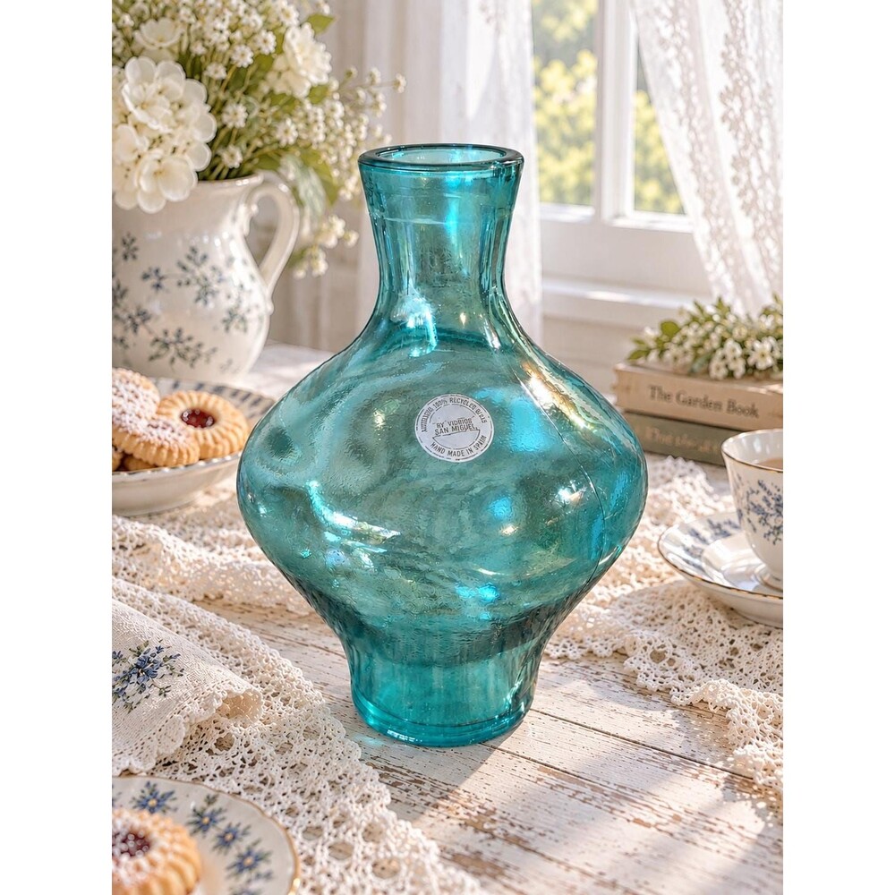 Vidrios San Miguel Recycled Glass Vase Hand Made in Spain – Aqua Teal 7"